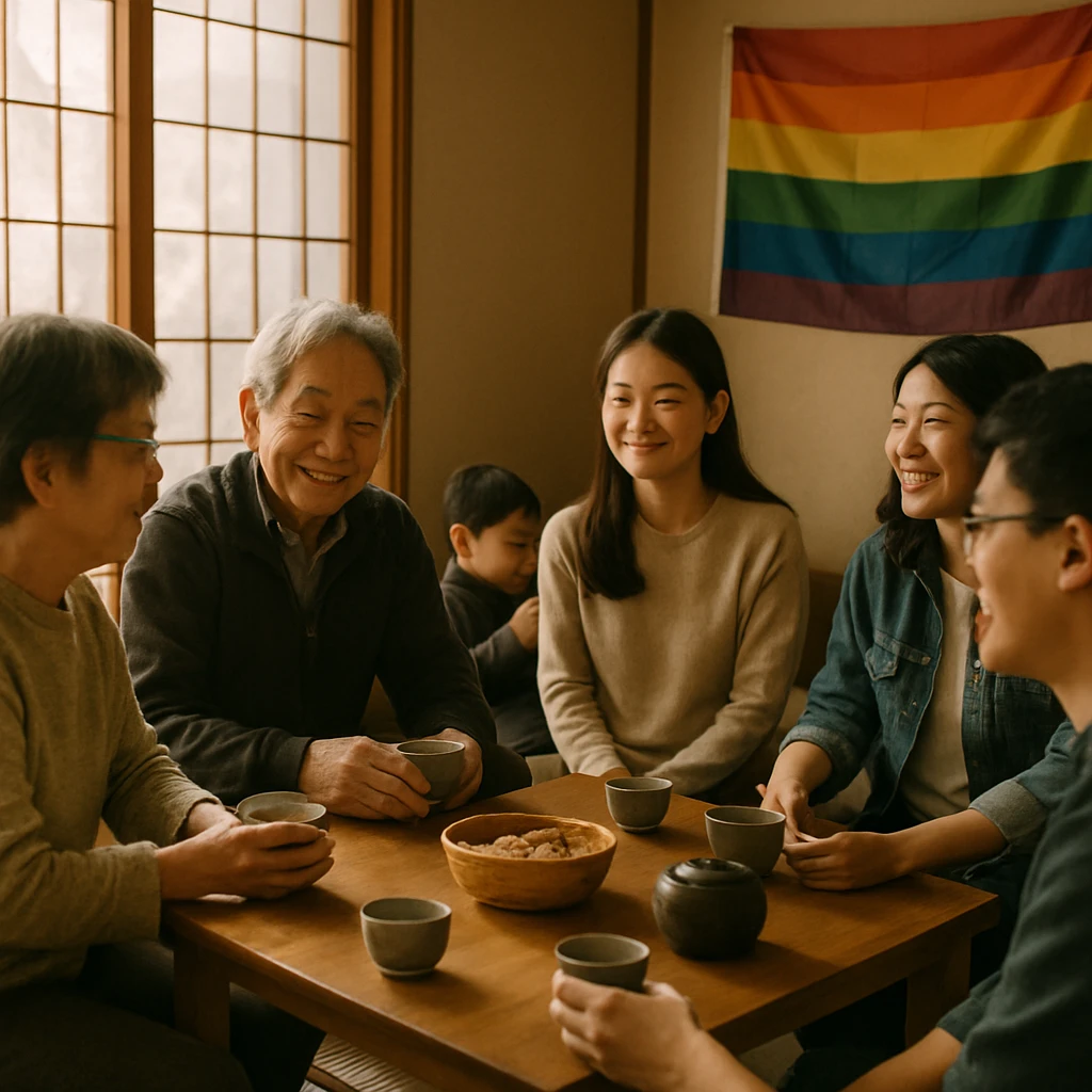 和風の部屋で様々な年齢や背景の人々がちゃぶ台を囲み、お茶を飲みながら和やかに会話する様子の写真。