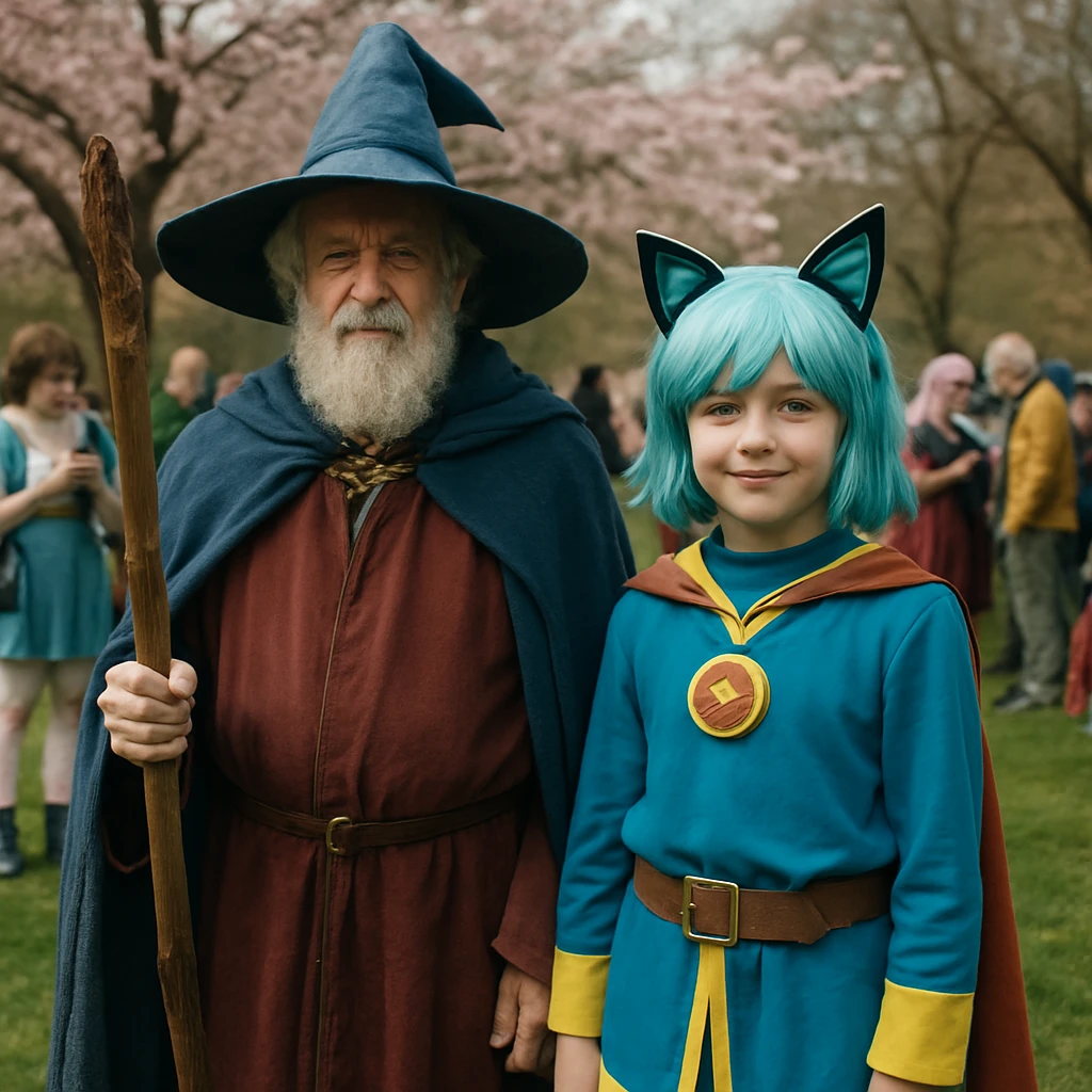 満開の桜の下、世代の異なるコスプレイヤーたちが芝生の公園で笑顔を見せている写真。