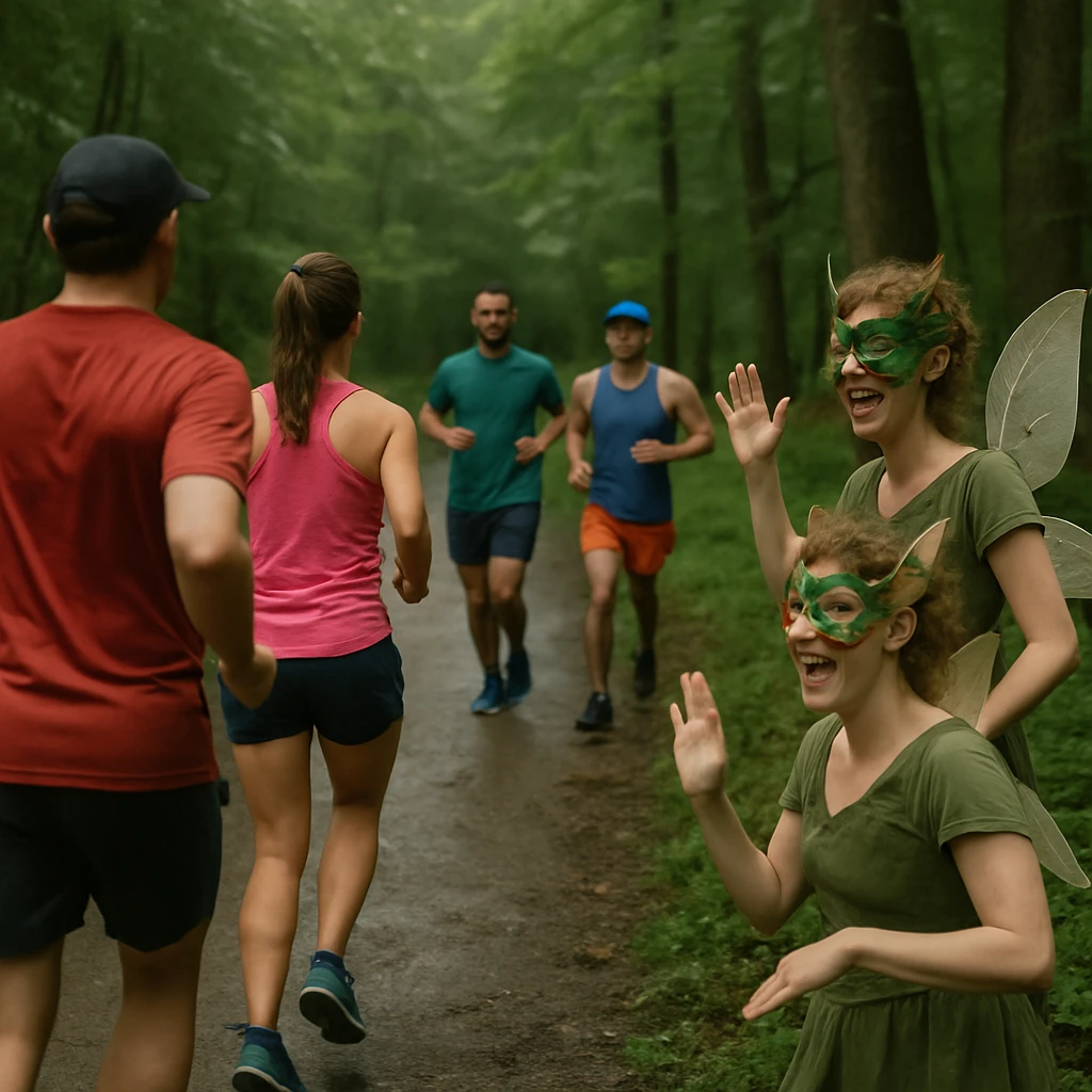 雨上がりの緑豊かな森の小道を走るランナーたちの前で、羽根とカラフルなマスクを身につけたボランティアが手を振って応援する様子。