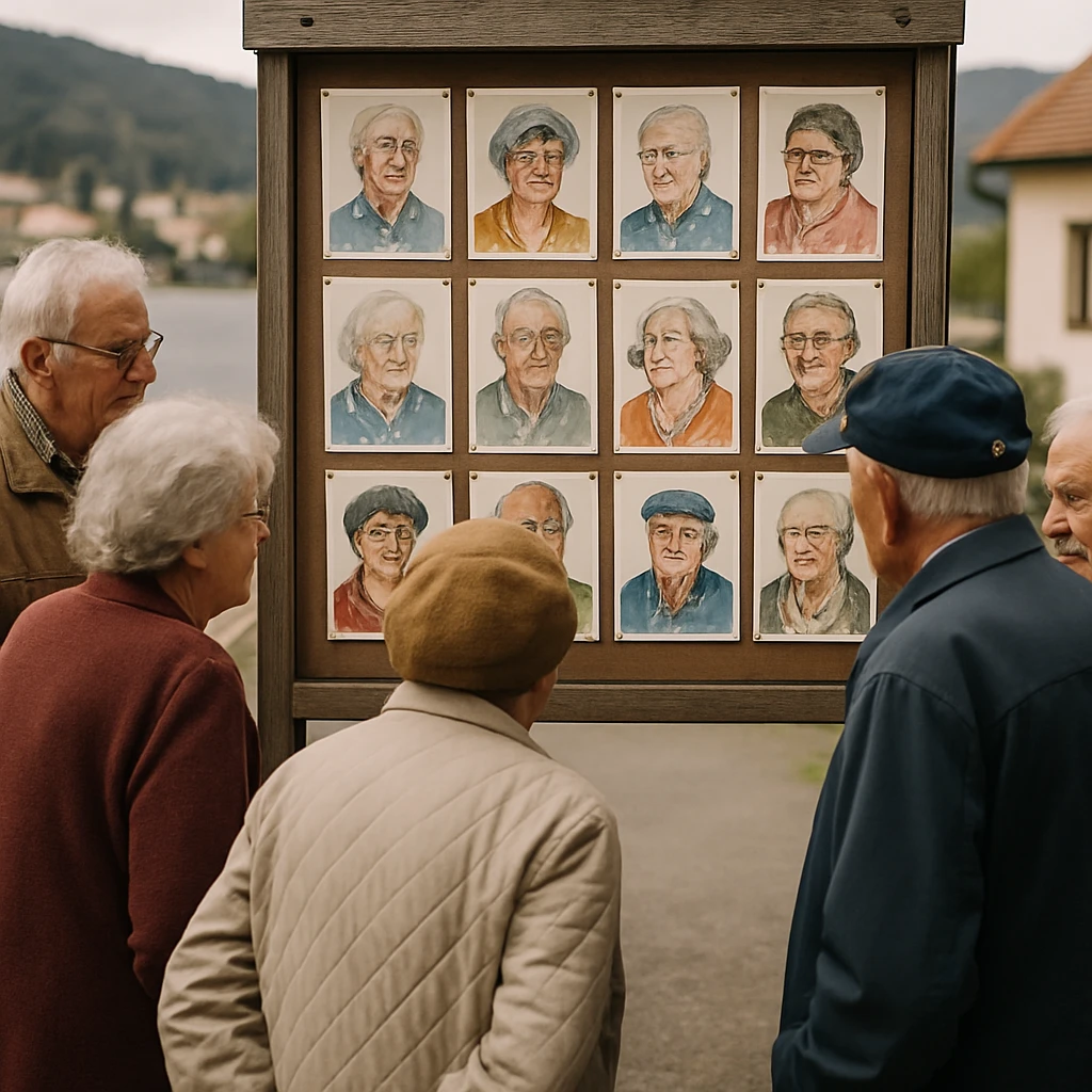 町の高齢者たちが屋外の掲示板に貼られた自分たちや知人のカラーイラストポートレートを穏やかな表情で見ている様子。