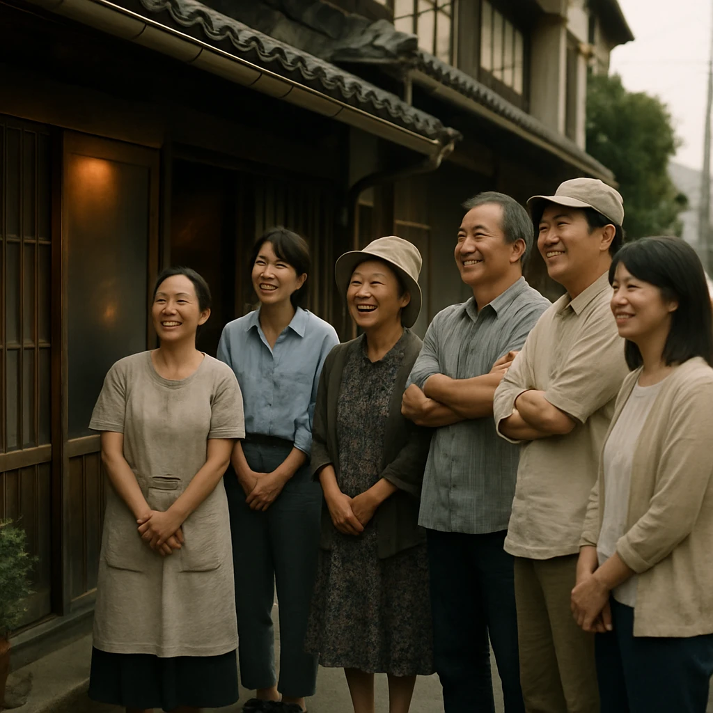 古い日本家屋の前で、町の人々が立ち止まり笑顔で音楽に耳を傾けている様子の写真。