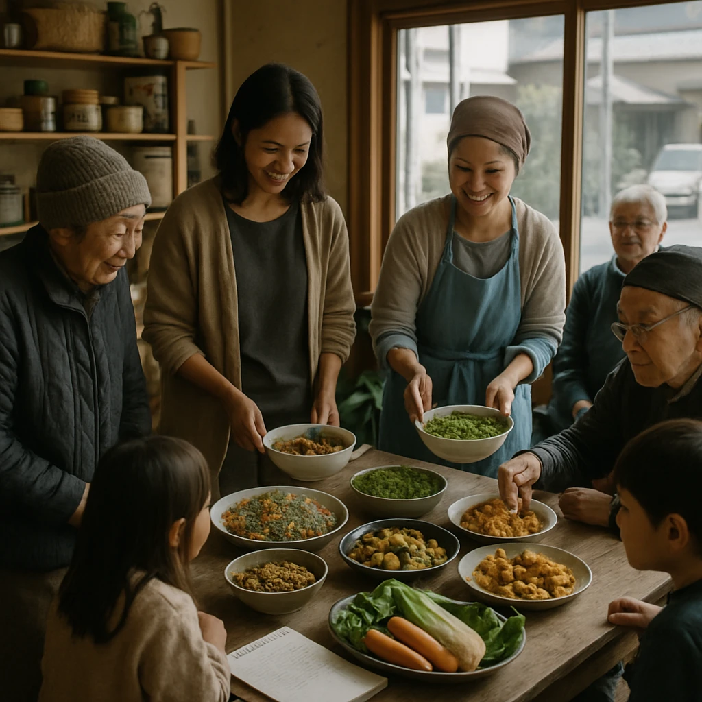 町の共有スペースで多世代の住民たちが手作りのヴィーガン料理や野菜を囲んで談笑している様子。