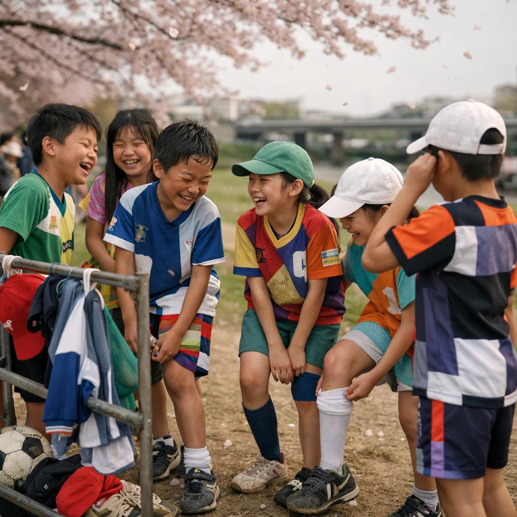 桜が舞う校庭でリサイクル素材のカラフルなユニフォームを着て集まる小学生たちの実写写真。