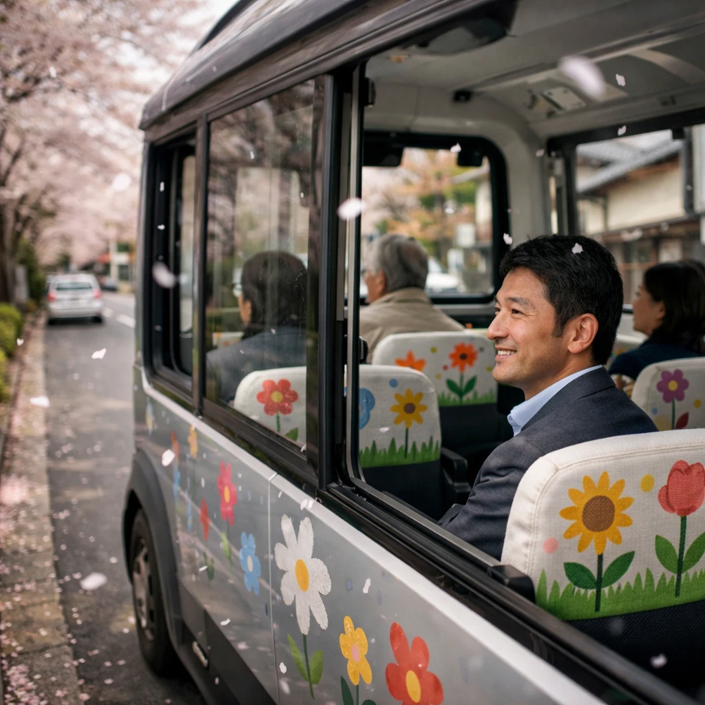 桜並木の道を走る自動運転バスの車内で、乗客たちがリラックスした様子で窓の外の桜を眺めている。