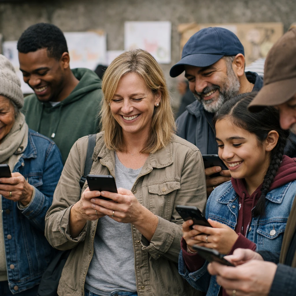公園のような屋外で、スマートフォンを手に微笑み合うさまざまな年代の人々が集まり、手作りの応援イラストが飾られている様子。