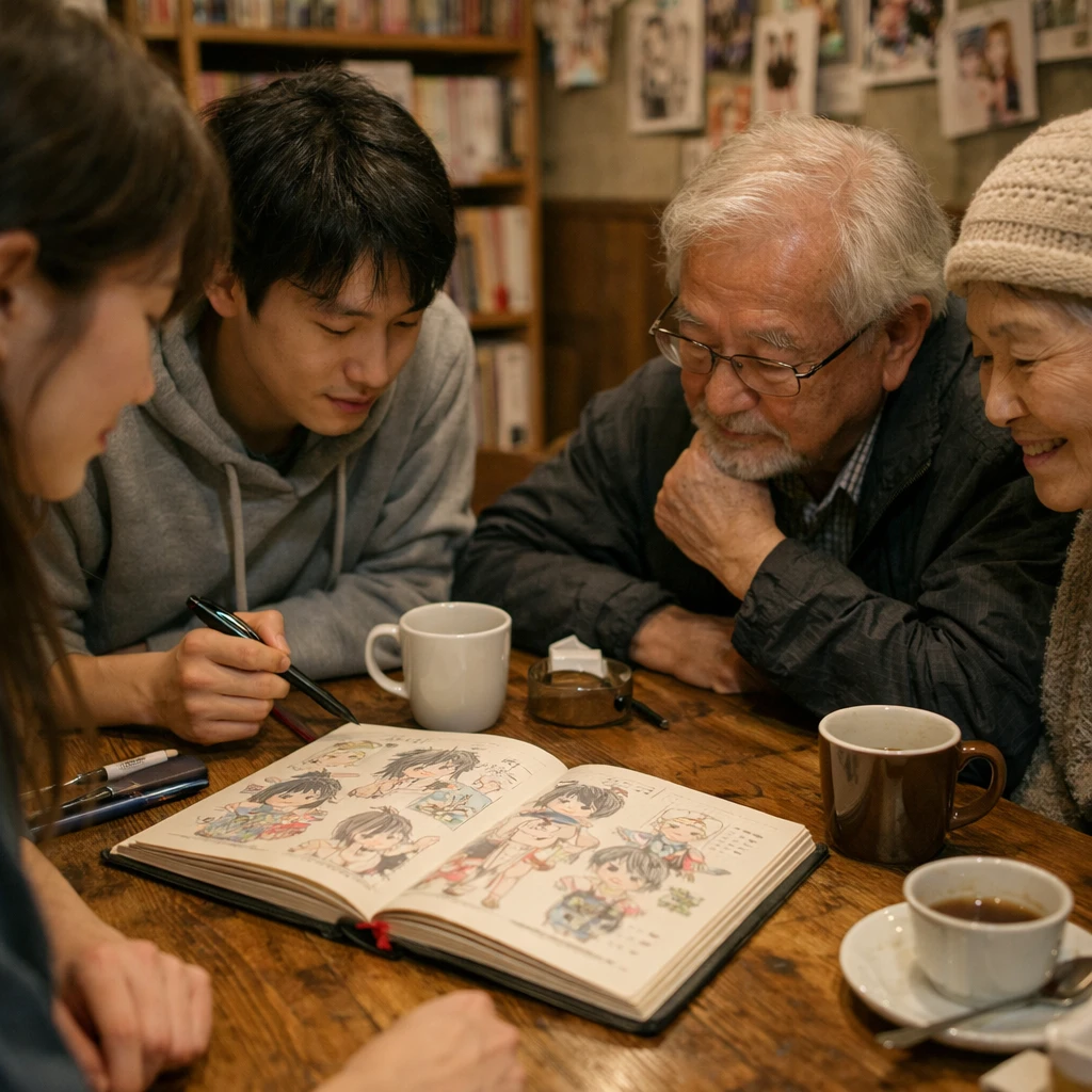 町のカフェで漫画ノートを囲んで楽しそうに語り合う世代の異なる人々が描かれた写真。