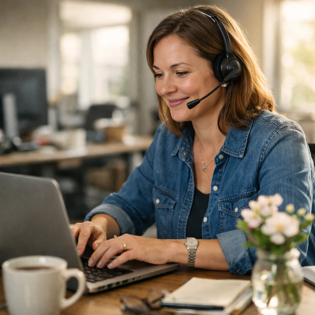 朝の日差しが差し込むオフィスで、笑顔でパソコンを操作する女性カスタマーサポート担当者の実写写真。