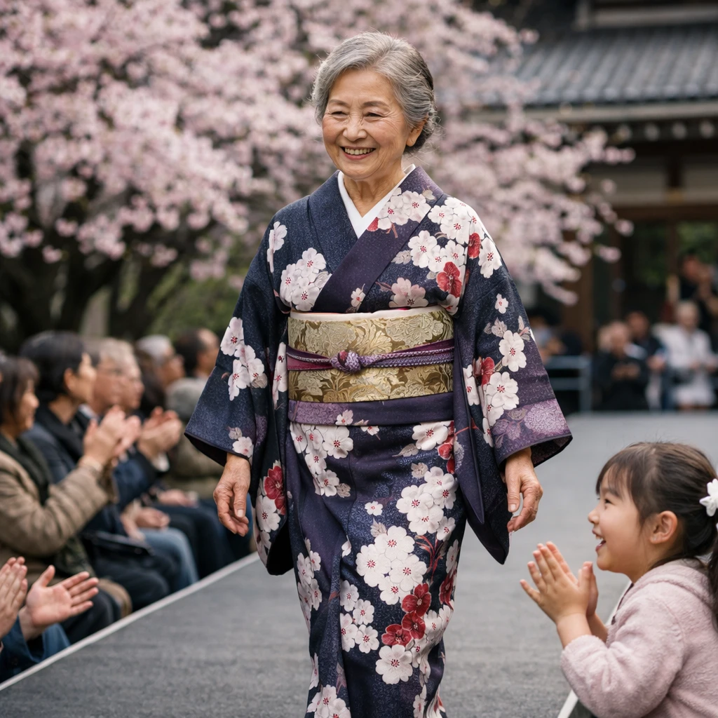 歌舞伎座の庭園で、梅の花模様の着物を着て微笑みながらランウェイを歩く高齢の女性と、その端で応援する孫娘の姿。