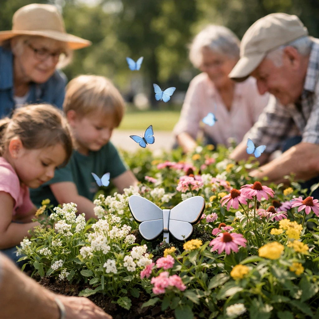 花壇で青い蝶が飛び交う中、子どもと高齢者が一緒に花の世話をしている様子の実写写真。