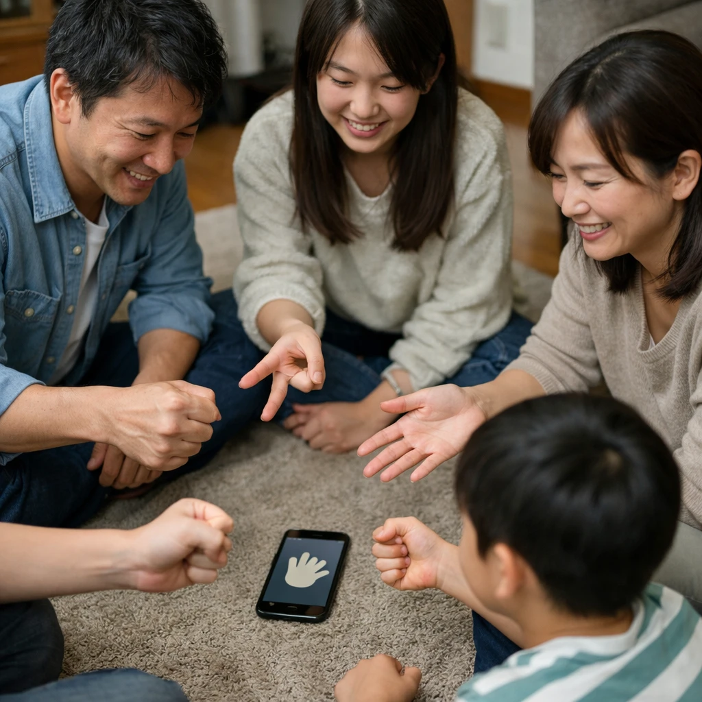 リビングで円になり、楽しそうにジャンケンする日本人家族4人の様子。