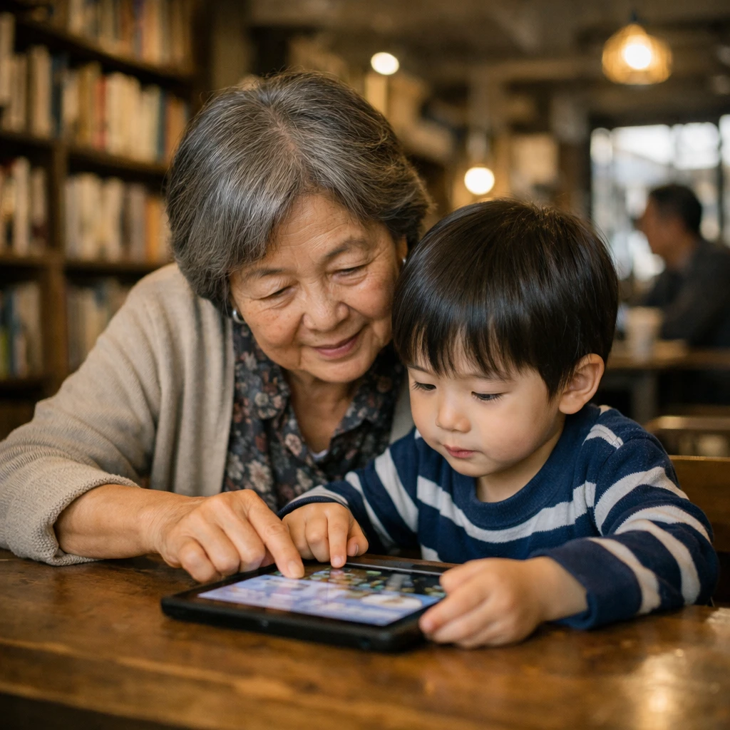 日本の商店街にあるカフェで祖母と孫がデジタル絵本を一緒に読む様子の写真。