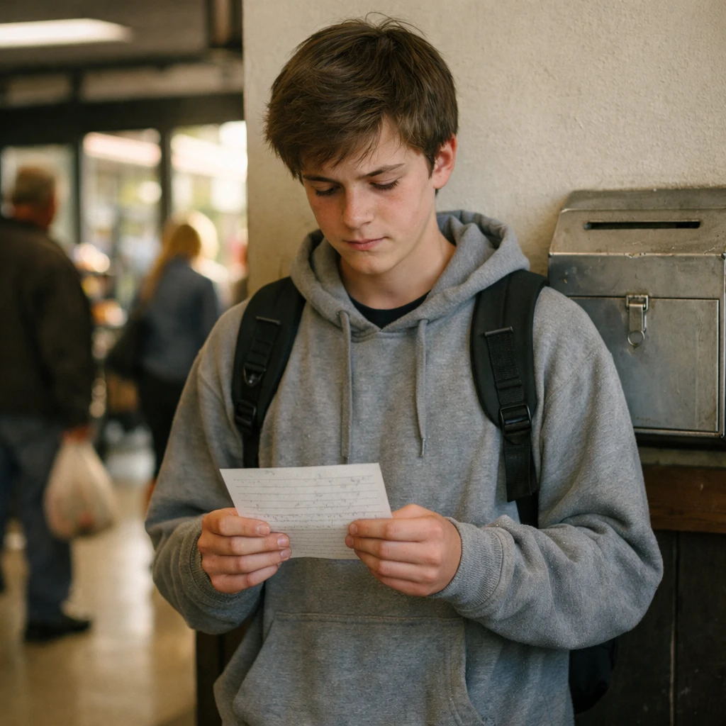 スーパーのご意見箱の前で手紙を手に持つ高校生がやや緊張した表情で立っている様子の写真。