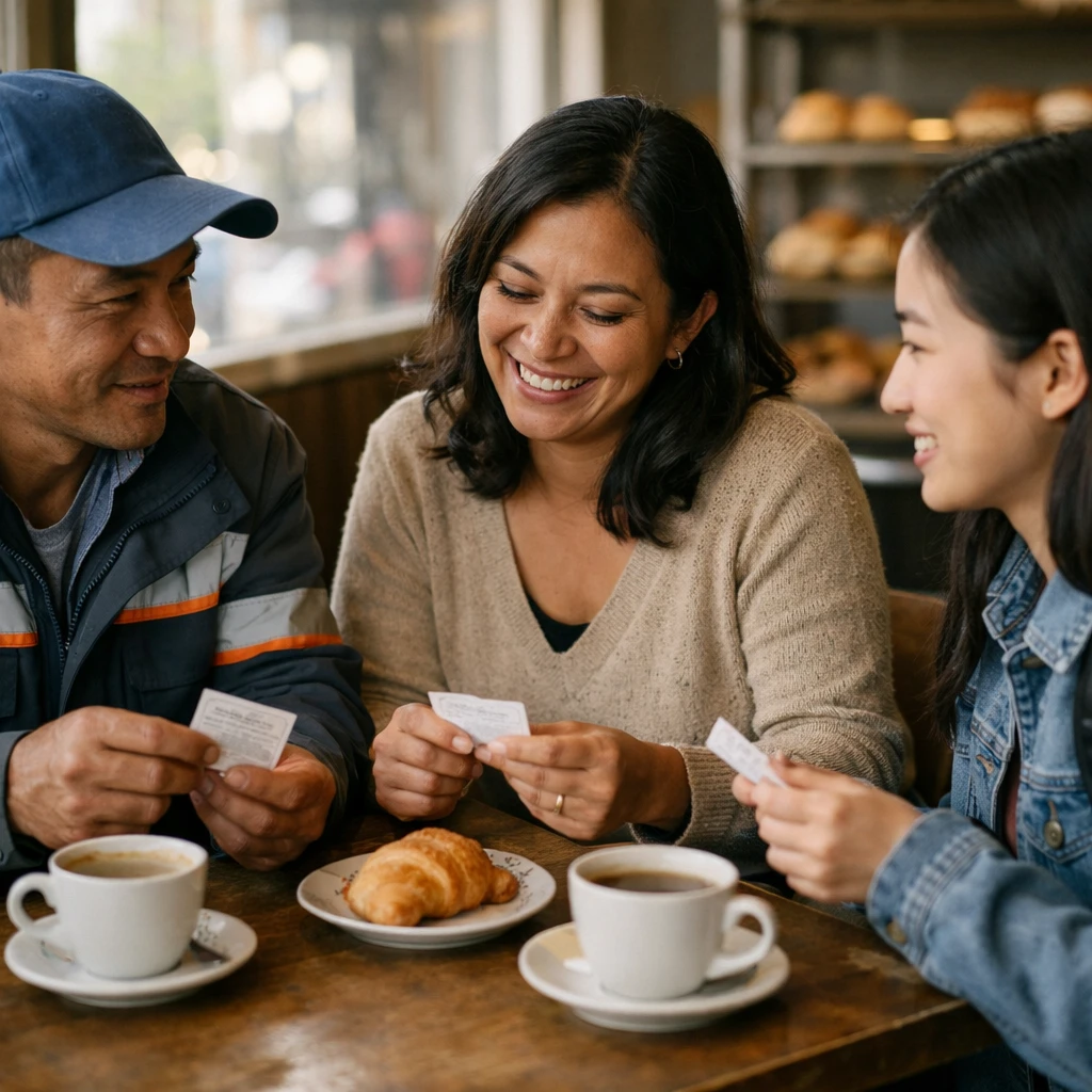 ベーカリーカフェで多国籍の人々がコーヒーとクーポン券を手に笑顔で語り合う様子の写真。
