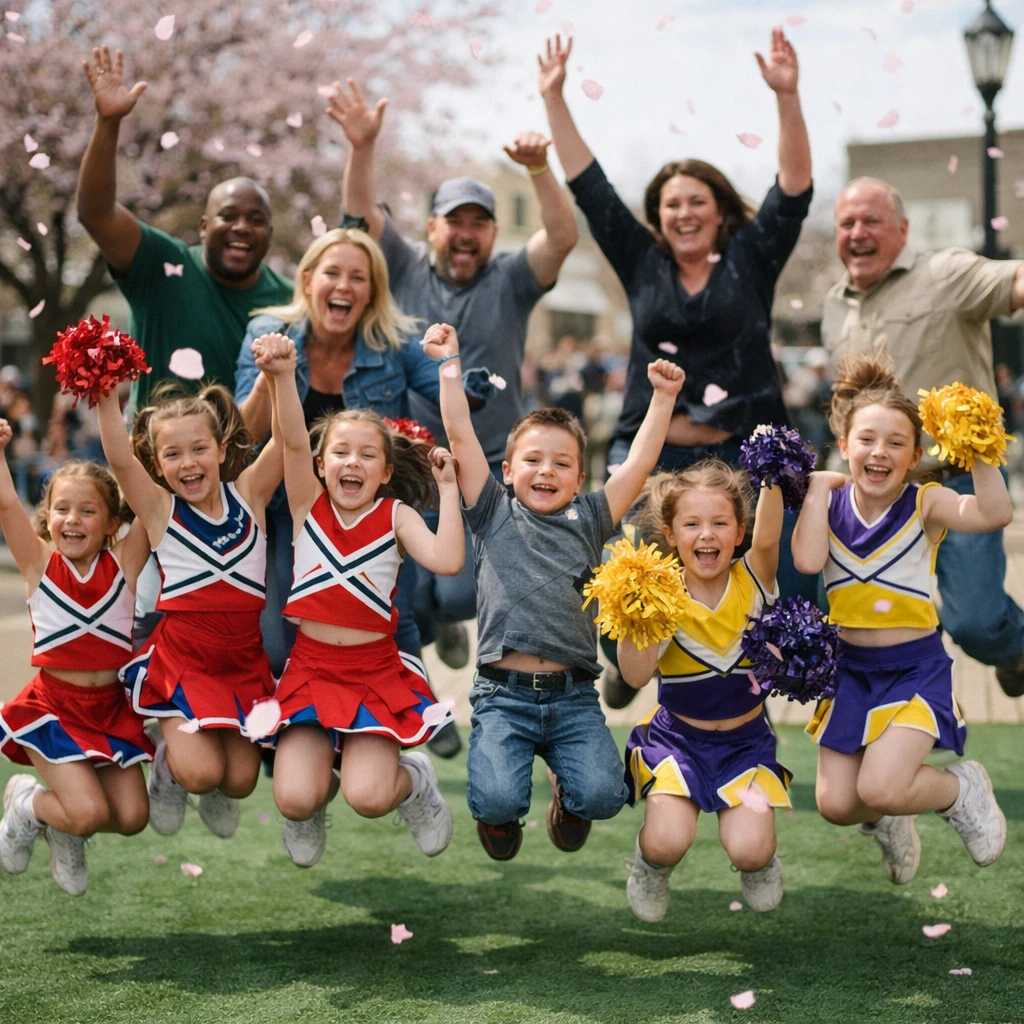 桜の花びらが舞う中、カラフルなチア衣装の子どもと大人たちが人工芝マットの上で一斉にジャンプしている町広場の様子。