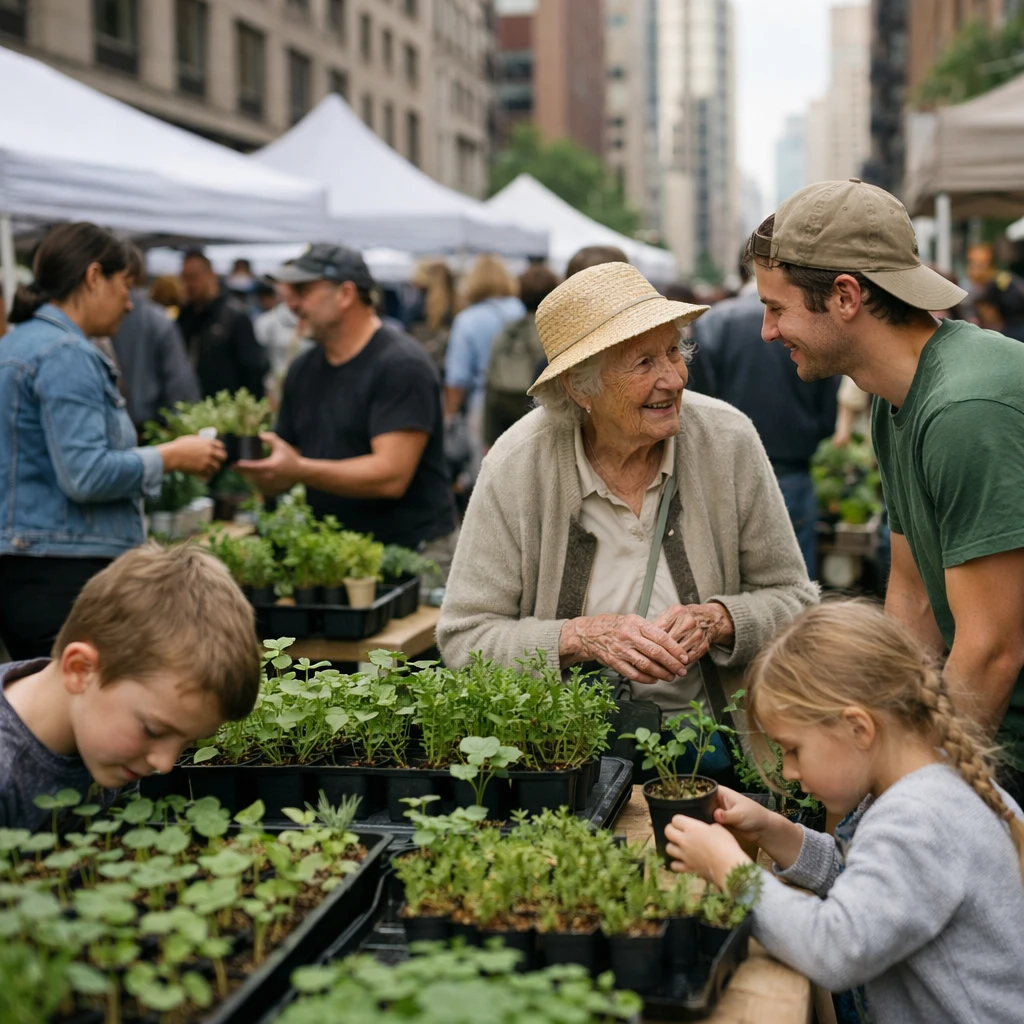 高層ビルの合間に並ぶ苗や鉢植えの前で、市民が楽しそうに交流する週末の都市型グリーンマーケットの様子。