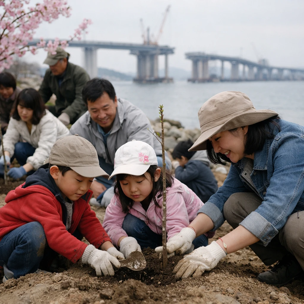 日本と中国の子どもや大人が海辺で桜の苗木を植えている様子と、遠くに建設中の橋が見える写真。
