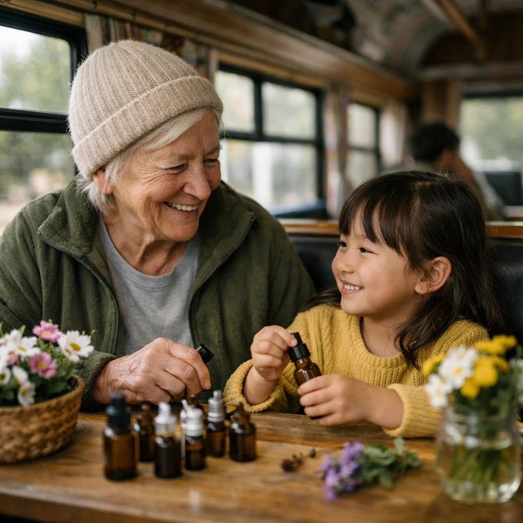 木目調の明るいバス車内で、高齢者と子どもが隣同士で笑顔を交わしながらアロマオイルや花を手にしている様子。