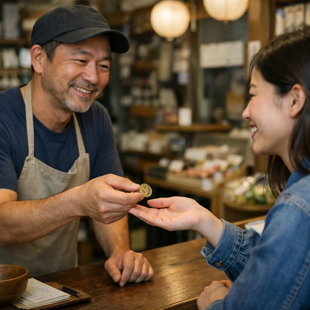 日本の商店で店主が若い女性に小さなオリジナルコインを手渡している場面の写真。