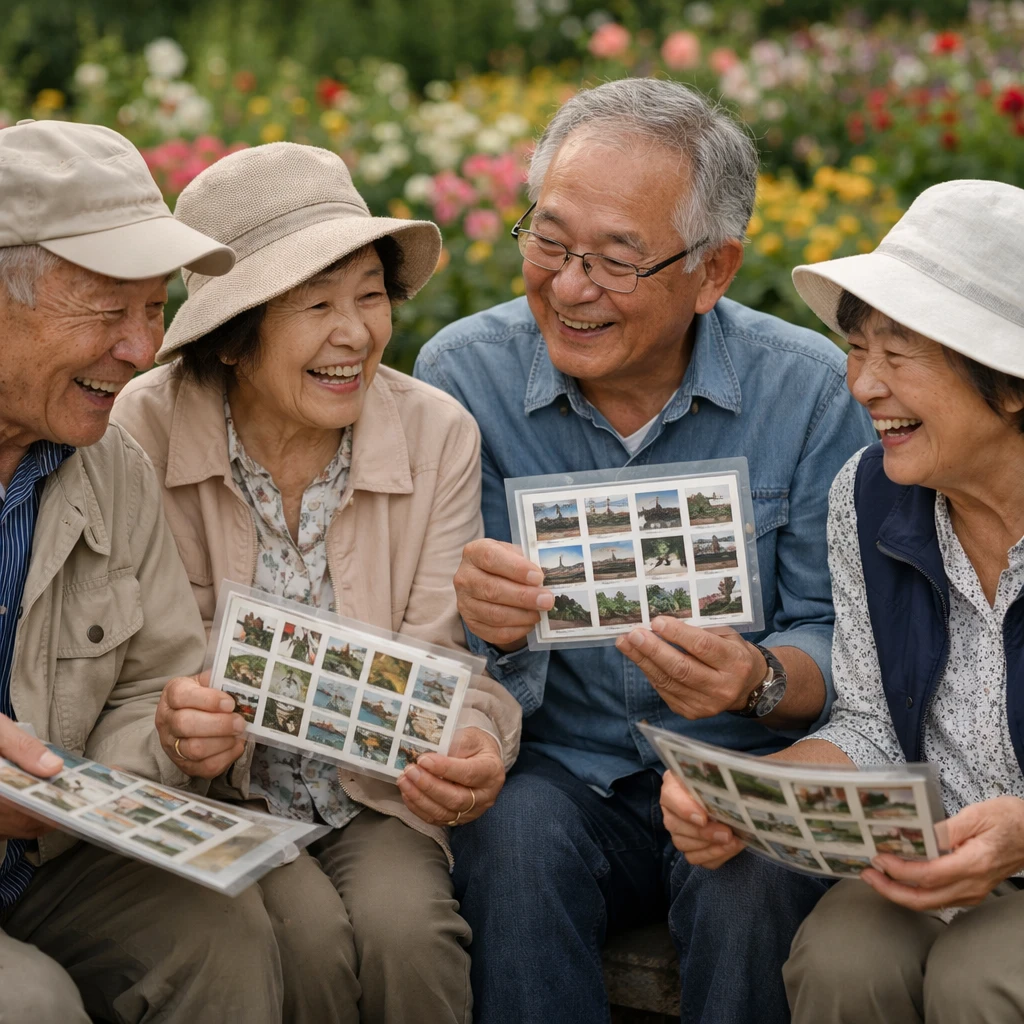 色とりどりの花が咲く庭で高齢の男女数人が趣味印シートを見せ合いながら楽しそうに談笑している様子。