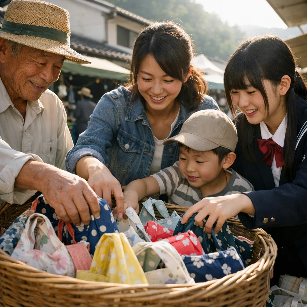 青空市場で人々がユニークな装飾が施されたエコバッグをウィロー籠から手に取る様子。
