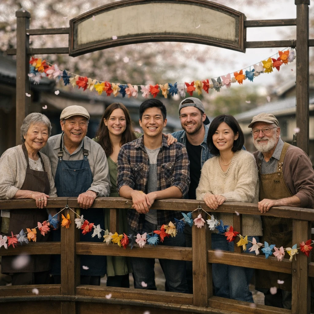 カラフルなガーランドで飾られた小さな木橋の上で、老舗店主や若者など世代の異なる人たちが笑顔で並ぶ様子。