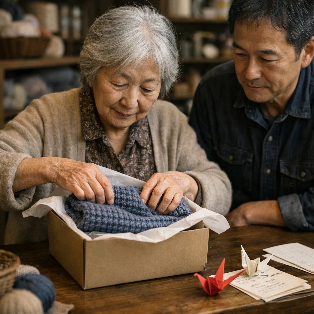 編み物屋の年配女性がマフラーや折り鶴、手書きメッセージをパッケージングしている様子。