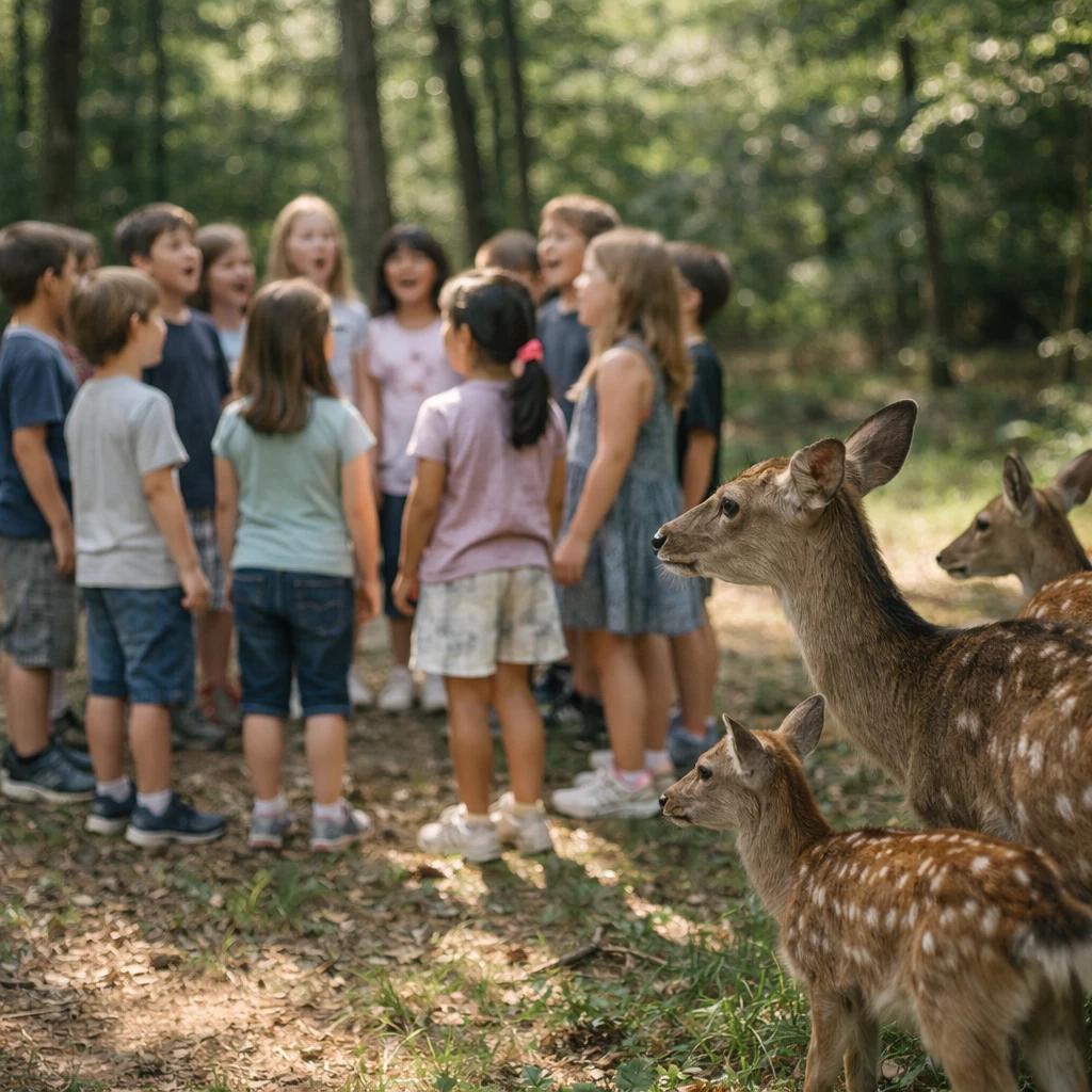 木漏れ日の差す森で小学生たちが輪になって歌い、その近くで絶滅危惧種のシカが静かに耳を傾けている様子。