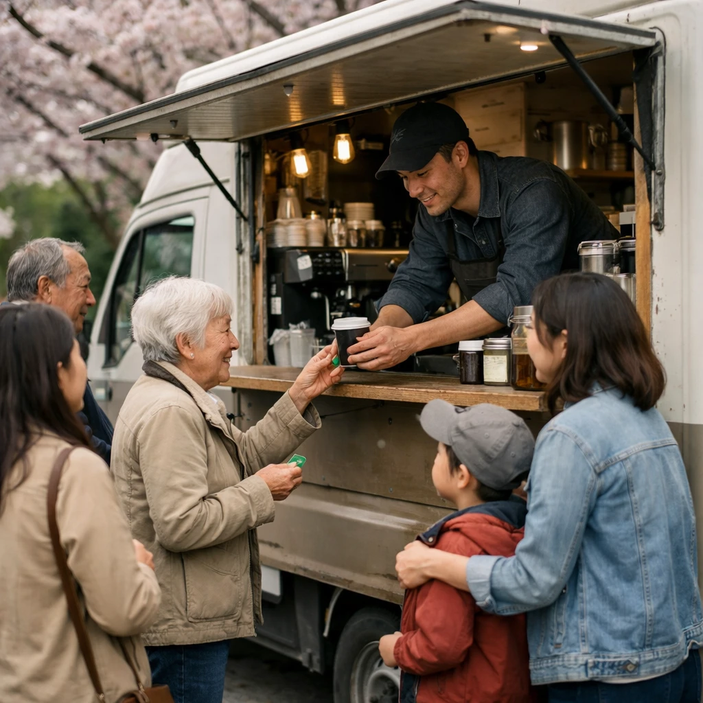 桜並木の下で移動カフェに集まりコーヒーやおすそ分けコインを手に笑顔を交わす人たちの様子。