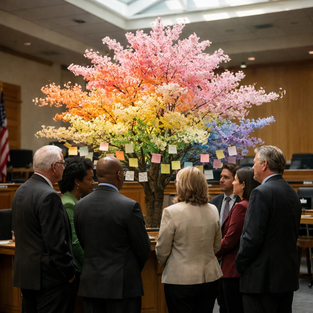 議場中央に虹色の花びらを咲かせたサクラの木を囲む議員たちの様子をとらえた写真。
