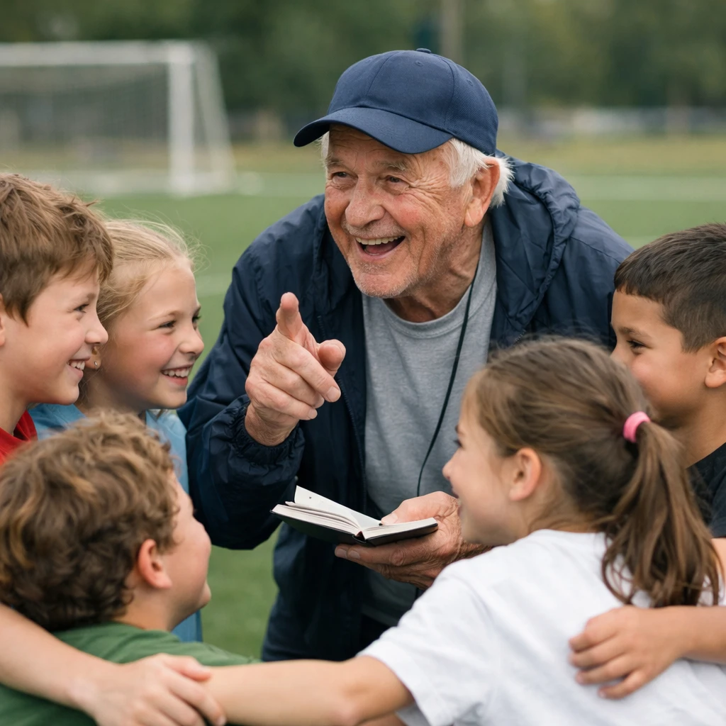 サッカー場でおじいちゃん監督がノートを持ちながら子どもたちと輪になって笑顔で話し合う様子。