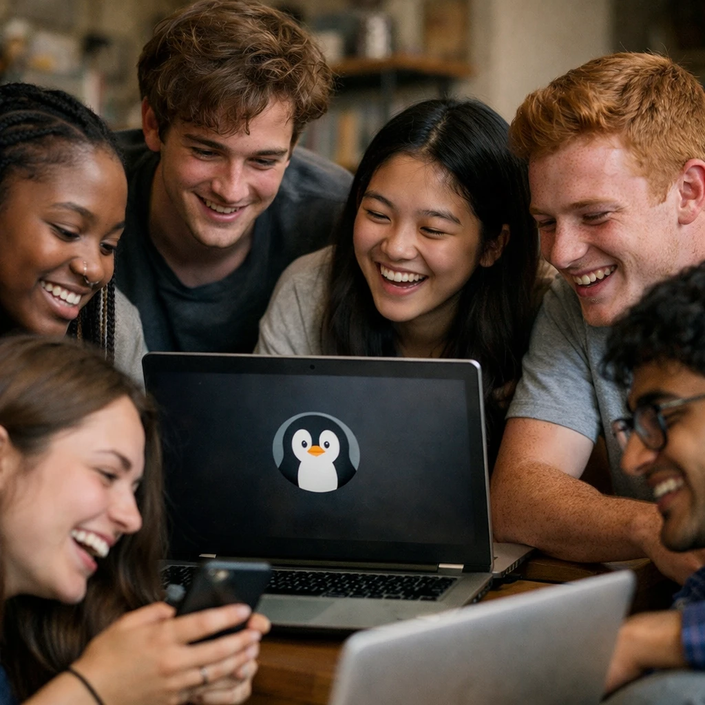 高校生たちが部屋でパソコンやスマートフォンを使い、楽しそうにSNS上の雑学を調べて笑い合っている様子。