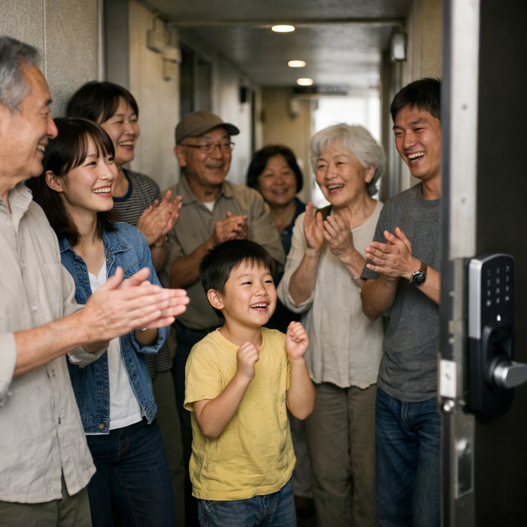 マンションの廊下でスマートドアロックから流れる音楽に微笑んで集まる住民たちの様子。