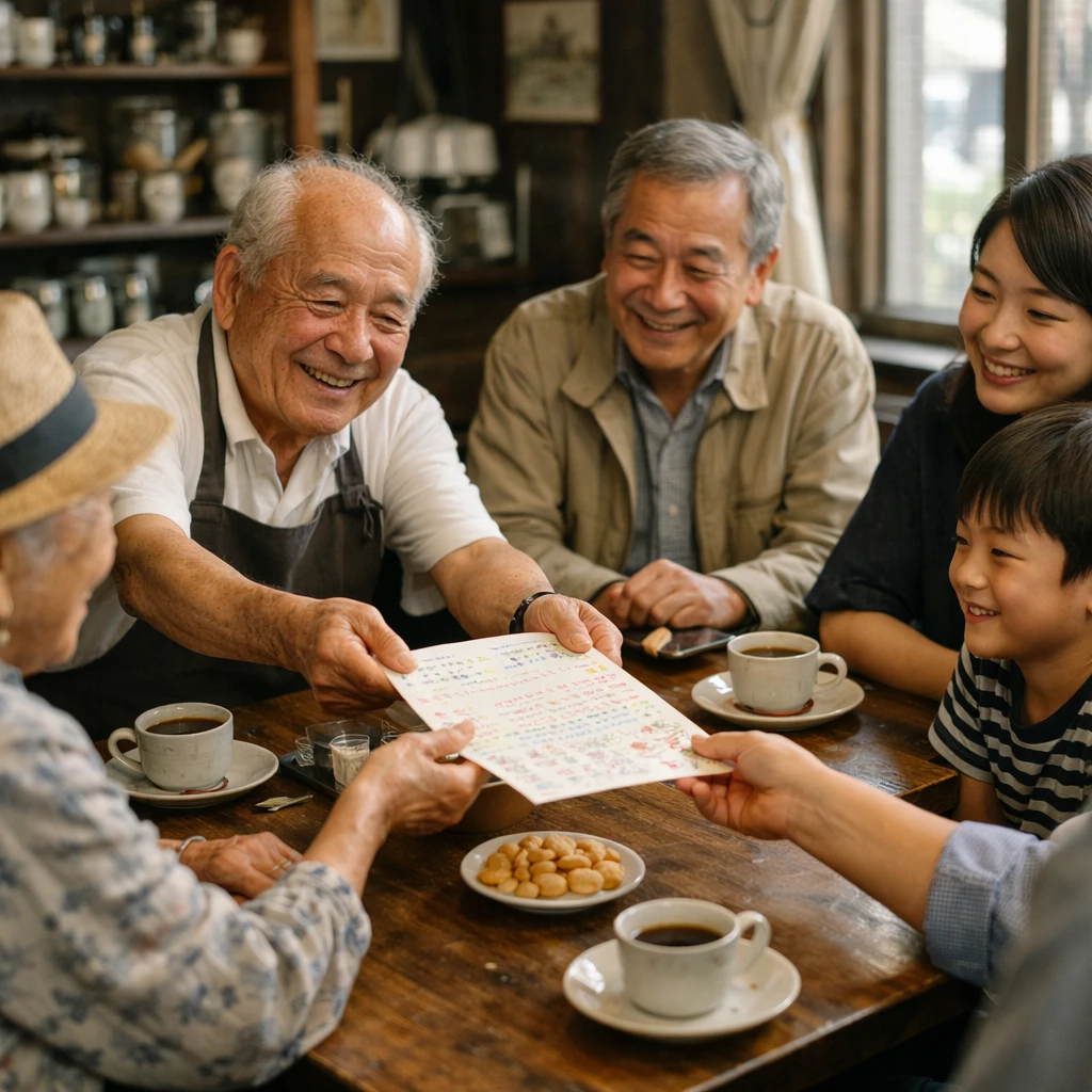 町の古い喫茶店で高齢の店主が色とりどりの契約書を手渡し、幅広い年代の来店者と笑顔で交流している様子。