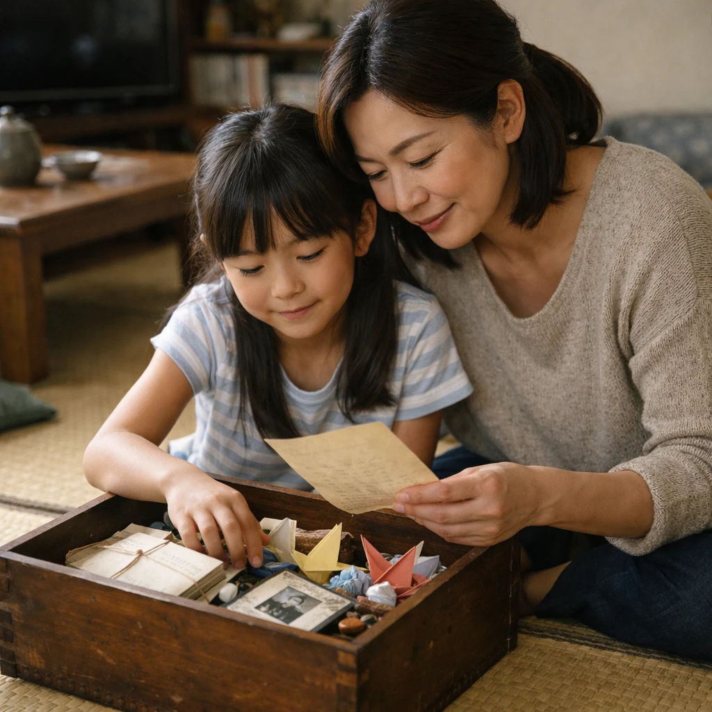 和やかな雰囲気の中、リビングの畳の上で古びた木箱を親子が開けている様子。