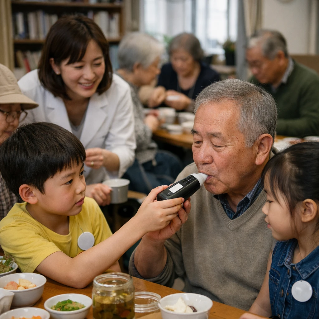 地域の集会室で高齢者と子どもたちが自家製の発酵食品を分け合い、腸内健康測定キットを使いながら交流している様子の写真。