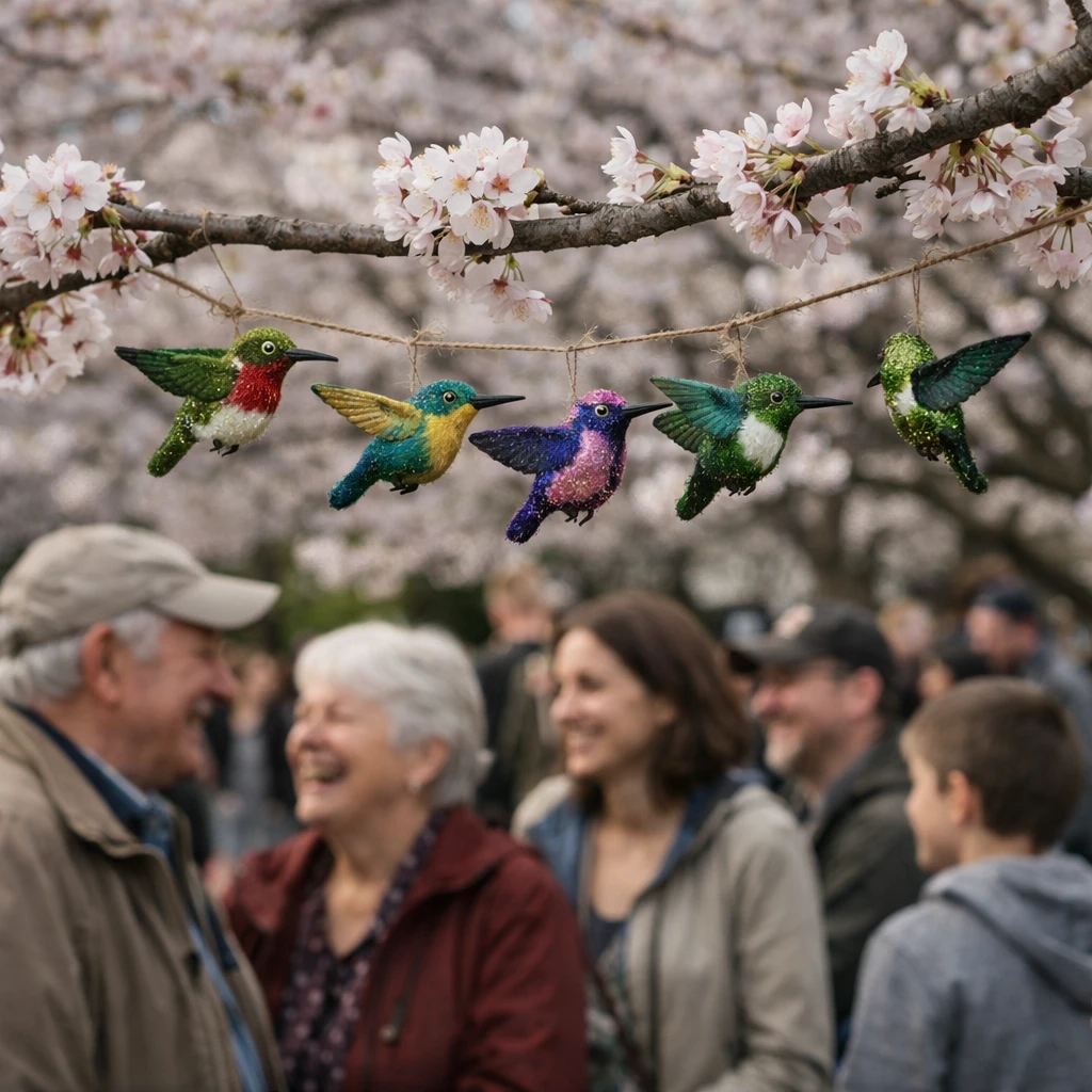 満開の桜の下で、カラフルな手作りハチドリの飾りが枝に吊るされ、さまざまな年代の人々が楽しげに集う様子。