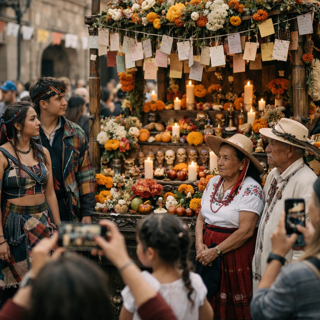 広場の祭壇を囲み、現代風の衣装を着た若者と伝統衣装の年配者が並び、祭壇には生花や願い事カードが飾られている写真。