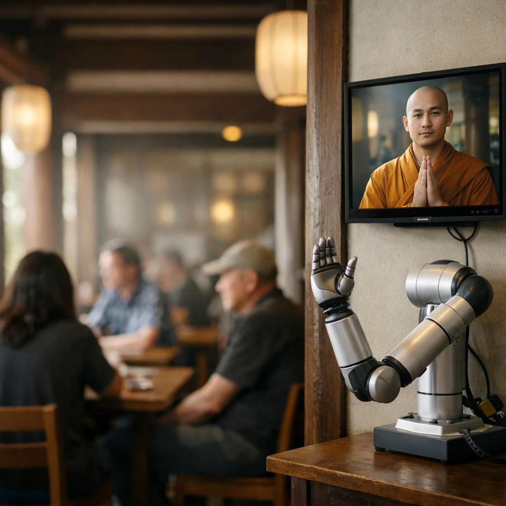 木造の寺院カフェ内で、さまざまな人々が静かにくつろいでおり、入り口付近でロボットアームとモニターのAI僧侶が迎えている様子。