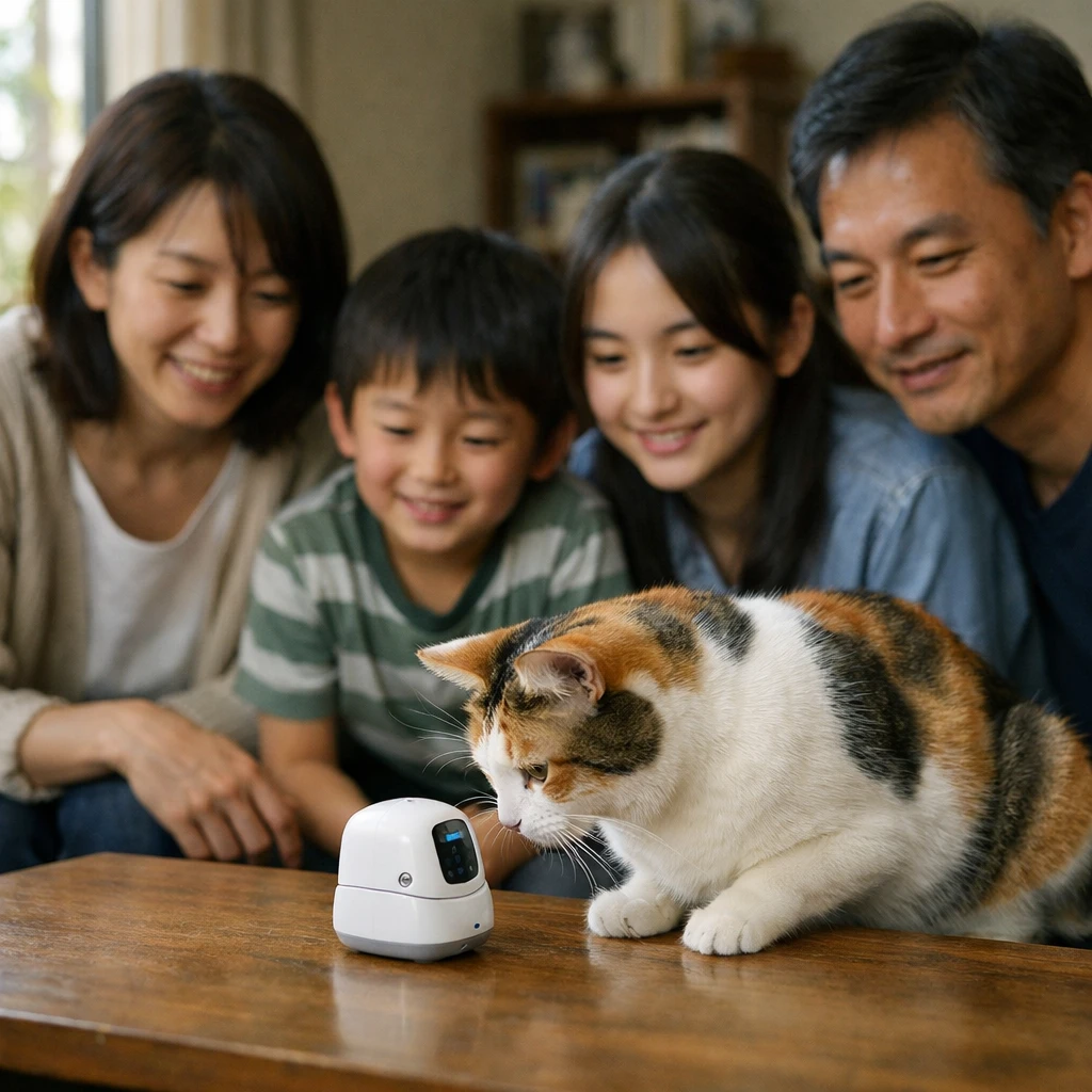 リビングで家族が三毛猫とAIねこ語通訳器を囲み、猫を見守る様子の写真。