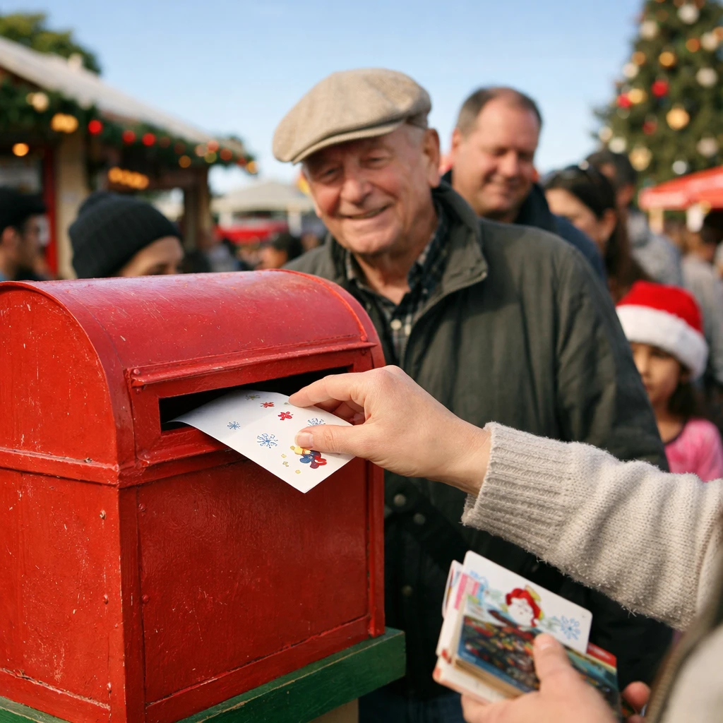 春の広場で人々がカラフルな封筒や小冊子を小さな赤いポストに投函している様子。