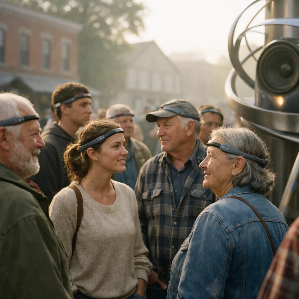町の広場でヘッドバンド型センサーを装着した住民たちが音響彫刻から流れる音楽に耳を傾けている様子の写真。