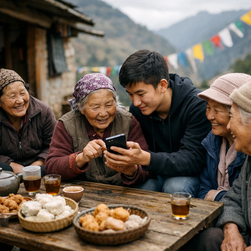 春の日差しの下、野外の縁台でスマートフォンの操作を若者に教わりながら笑顔でおしゃべりをするおばあちゃんたちと、手作りのお菓子が並ぶ様子。