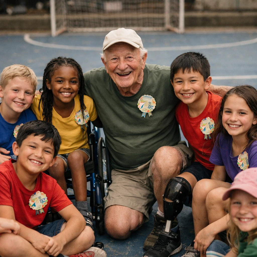 フットサルコートで手作りバッジをつけて輪になり笑顔で集まる子どもたちと、その中央で優しく微笑む91歳のキャプテンの実写写真。