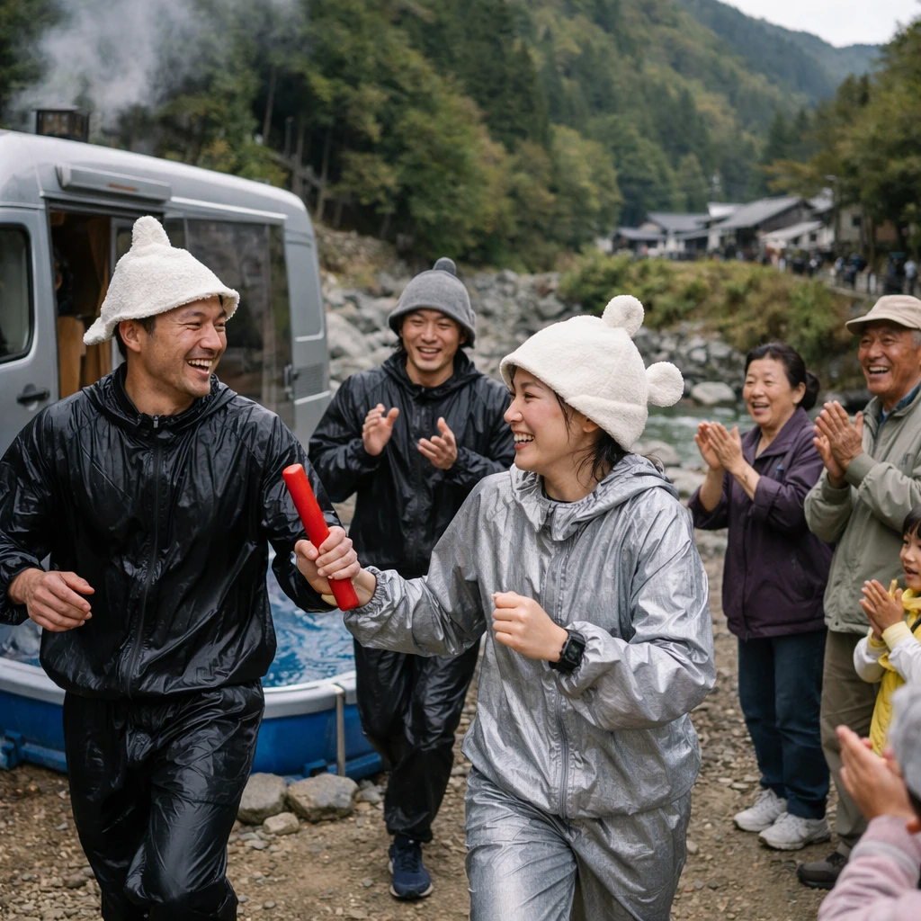 山間の村でサウナスーツとサウナ帽を着たランナーがサウナカー横の簡易水風呂のそばでリレーのバトンを渡し、周囲で村人が笑顔で応援している様子。
