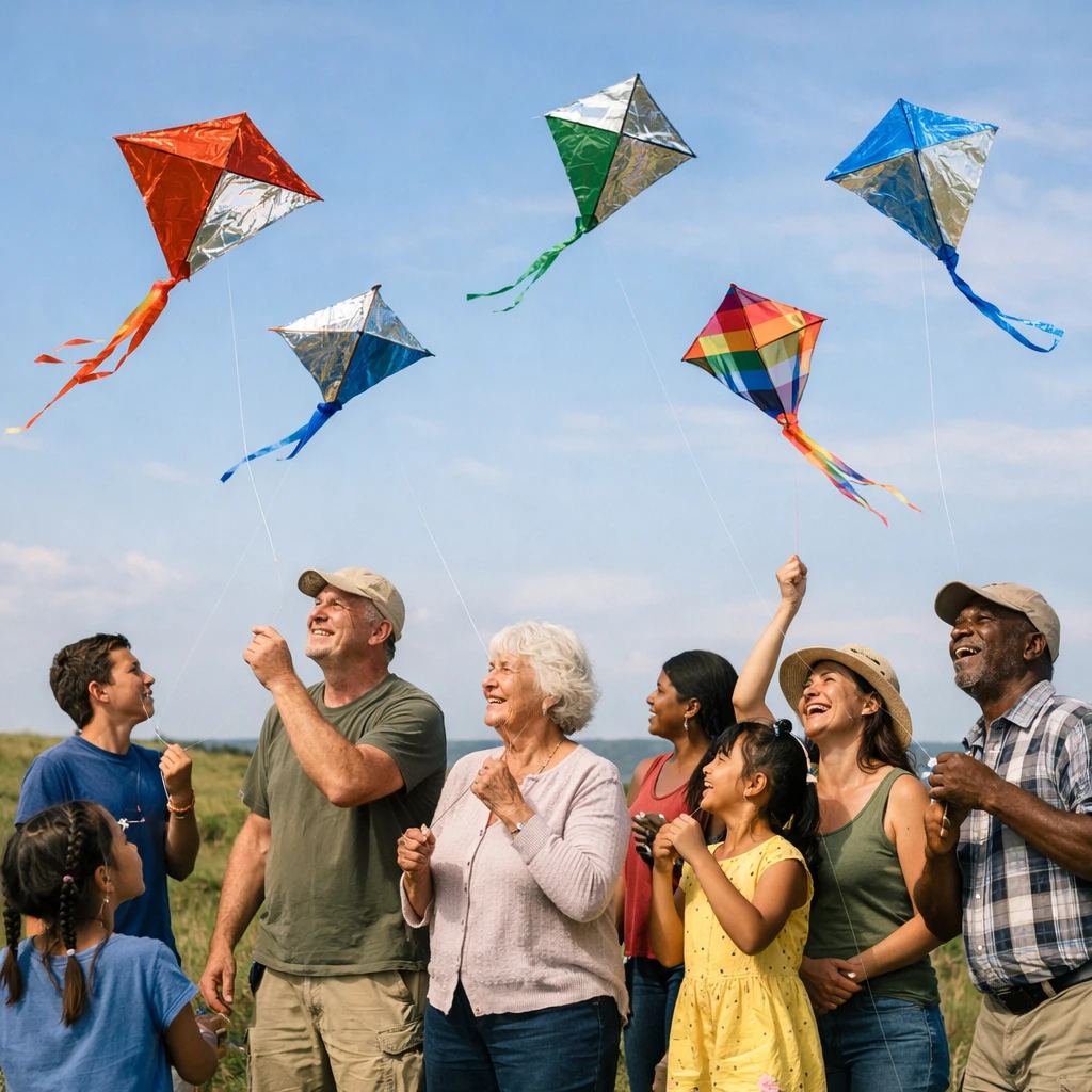 高原の芝生の上でさまざまな年代の人々が七色の凧を青空に揚げている様子の写真。