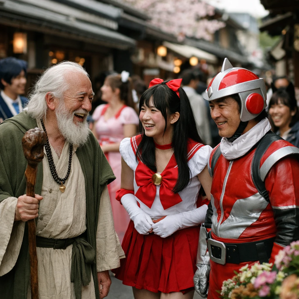 春の商店街で、店主や来訪者がさまざまなコスプレ衣装で交流している様子の写真。