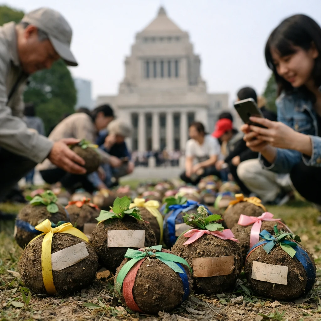 国会前の芝生に飾られたカラフルな手作りの土団子と、それを手に取る人々が写る写真。