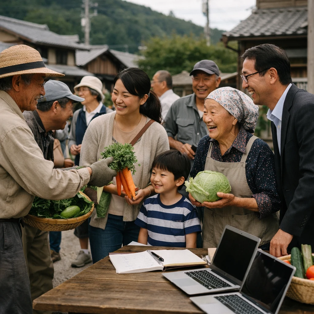 眠ノ木の町民たちが青空の下で野菜やアイデアを分け合いながら笑顔で交流している様子の写真。
