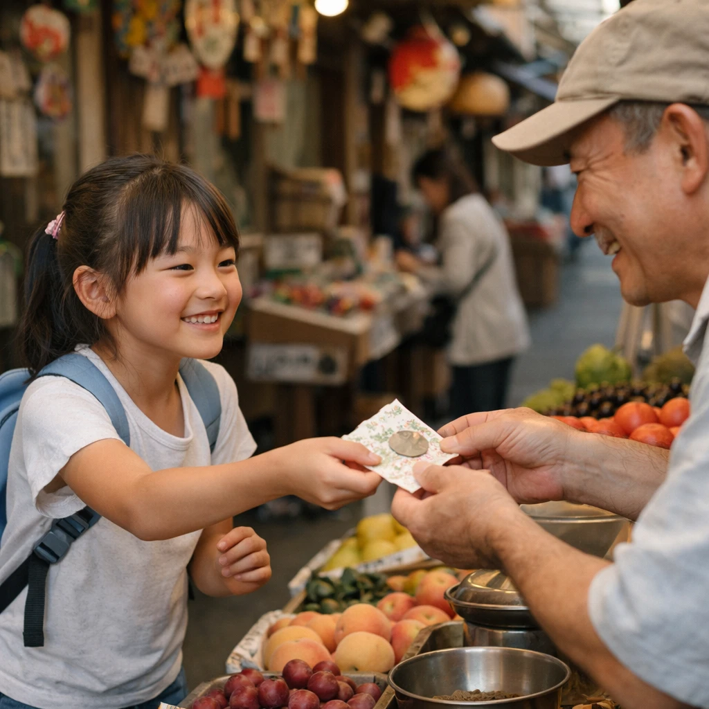 日本の昔ながらの商店街で、小さな女の子がカラフルな1円玉を入れたポチ袋を店主に手渡している様子。