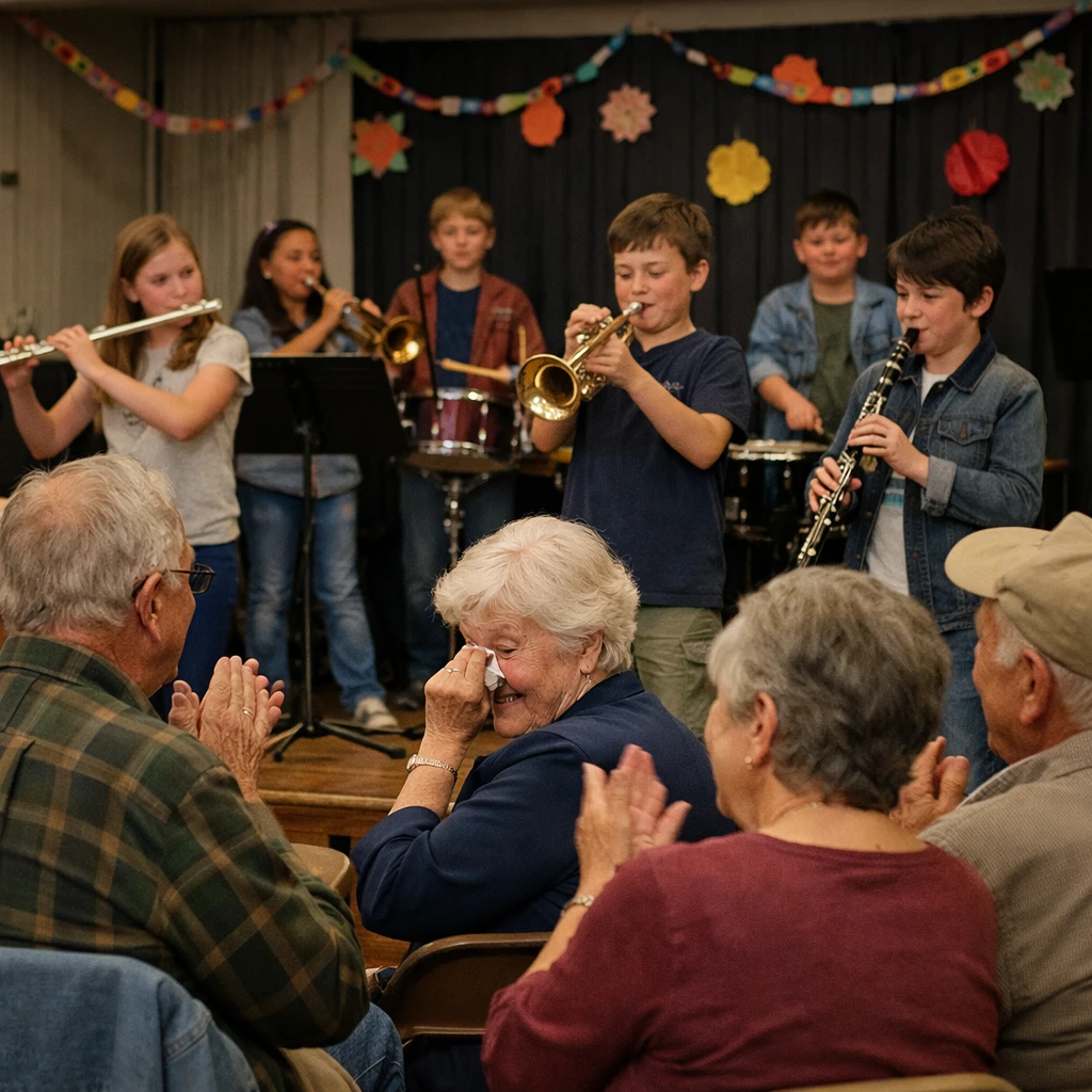 小学生バンドが舞台で演奏し、最前列で高齢者が笑顔で手拍子や涙を見せるコンサートの様子。